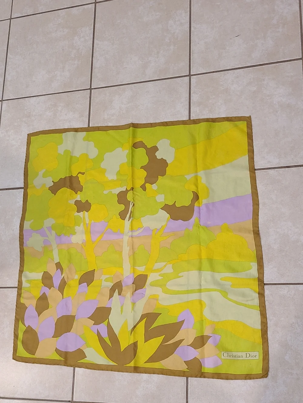 Christian Dior Vintage Floral Silk Scarf Brown Green Yellow Lavender Luxe